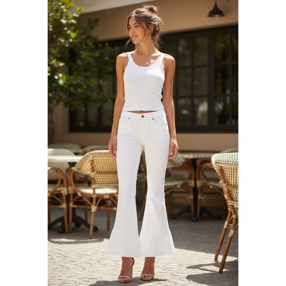 NWT PISTOLA Marina Mid Rise Flounce Hem Jeans Oslo White Raw Edge Ruffle 27 $198
